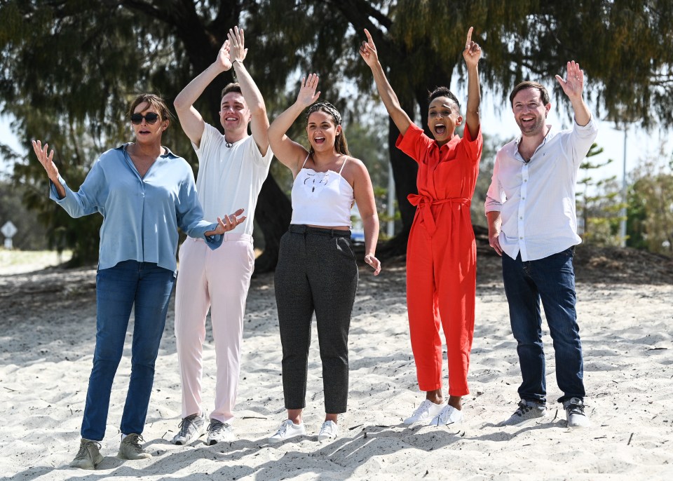 From left, Caitlyn Jenner, Roman Kemp, Jacqueline Jossa, Adele Roberts and Andrew Maxwell appear to cheer on their fellow campmates