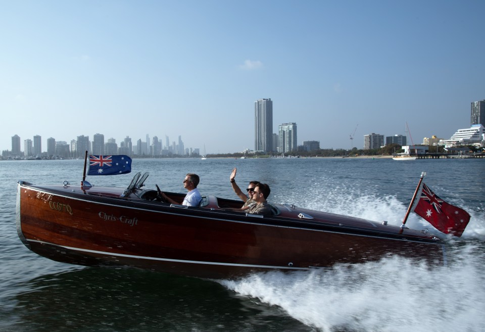 The hosts looked ready to get the show underway as they arrived for the challenge on board a speed boat