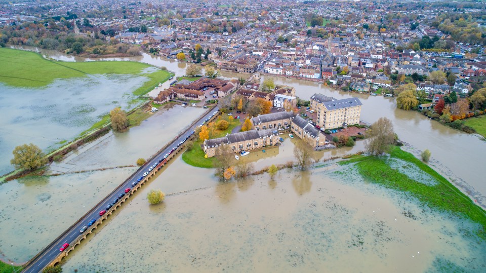  The town of St Ives in Cambridgeshire was surrounded by flood water after the River Great Ouse burst its banks