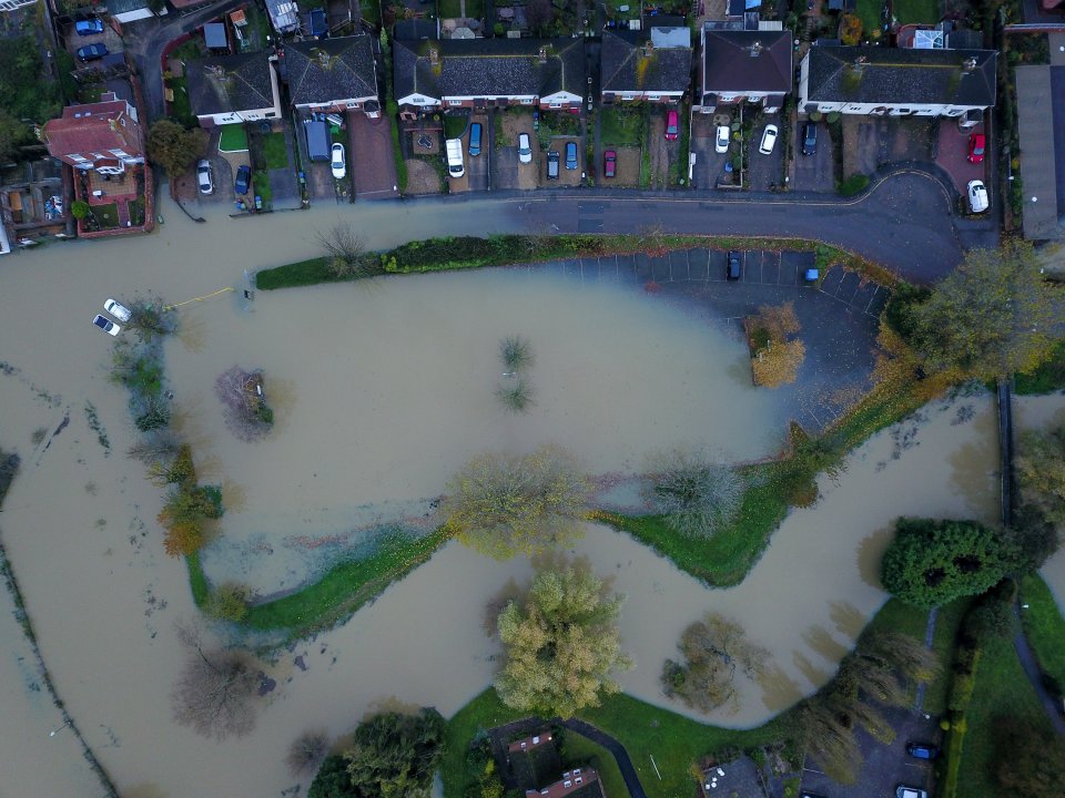  Aerial view of the heavily-flooded market town of Tewkesbury in Gloucestershire