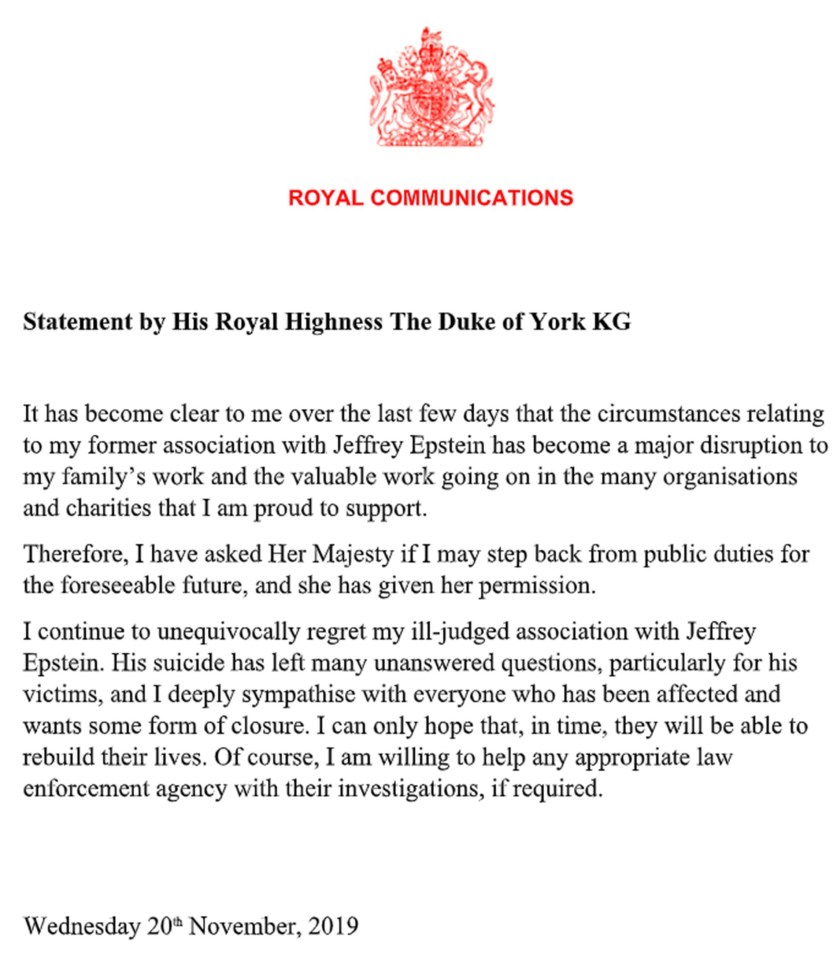 In a bombshell statement the Prince said he would help cops with investigations