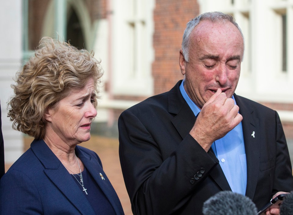  Grace Millane's parents, David and Gillian, weep as they address media outside Auckland High Court