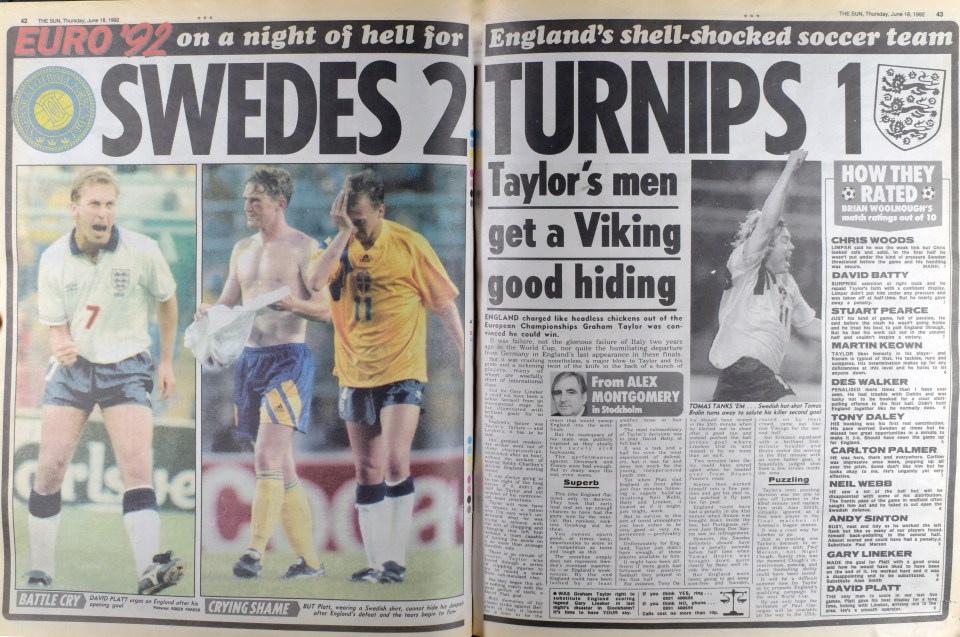  The Sun's iconic headline after England lost 2-1 to Sweden in the 1992 European Championship