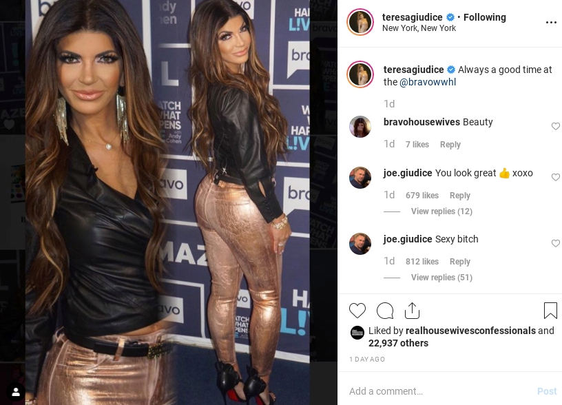  Joe Giudice commented on Teresa's pic: “You look great, XOXO”, following it up with the, “Sexy b***h!” comment