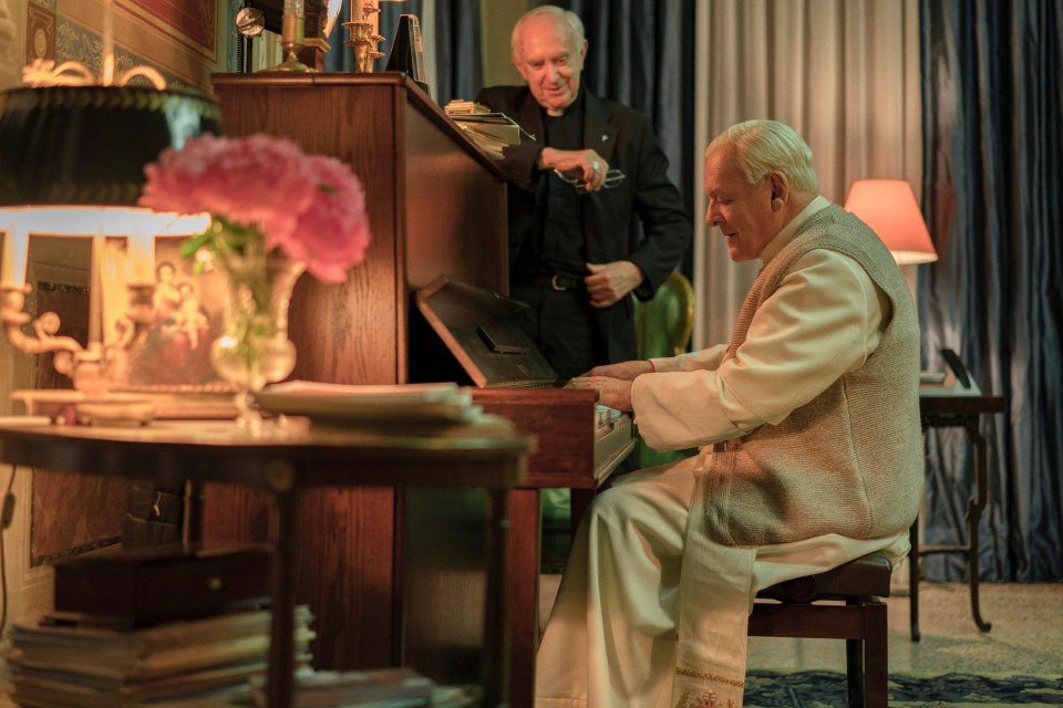  Anthony Hopkins and Jonathan Pryce bounce off each other as Popes Francis I and Benedict XVI in The Two Popes