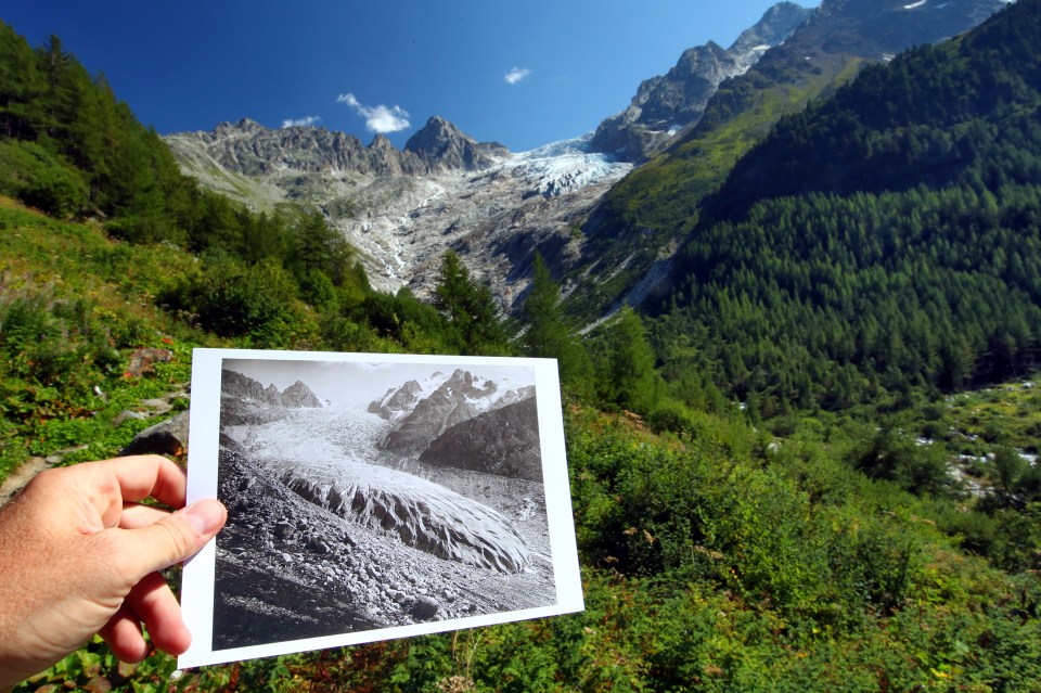  Picture of Switzerland's Trient Glacier taken in 1891 is seen displayed at the same location on August 26, 2019