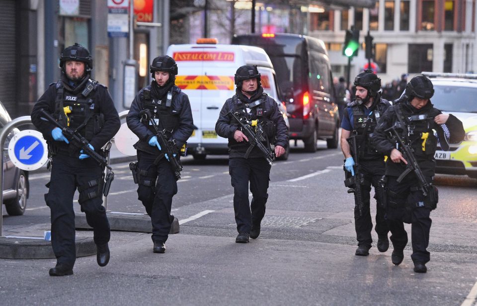  Cops patrol around the scene in central London where London Bridge terrorist Usman Khan went on the rampage killing two innocents