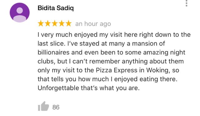  Woking Pizza Express was flooded with witty reviews following the extraordinary Prince Andrew interview