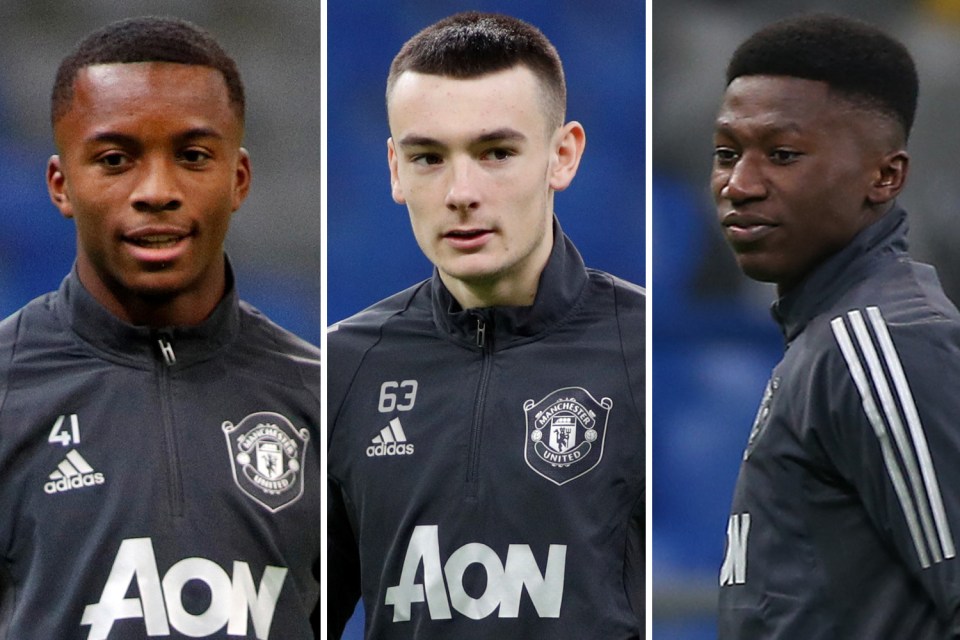  Ethan Laird, left, Dylan Levitt, centre, and DiShon Bernard, right, are all set to make their Manchester United first-team debuts against Astana