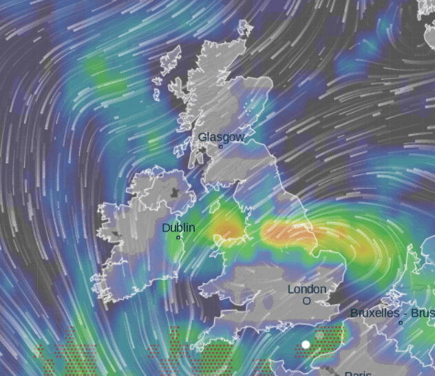  This weather map for Thursday morning shows severe downpours stretching across much of England and North Wales