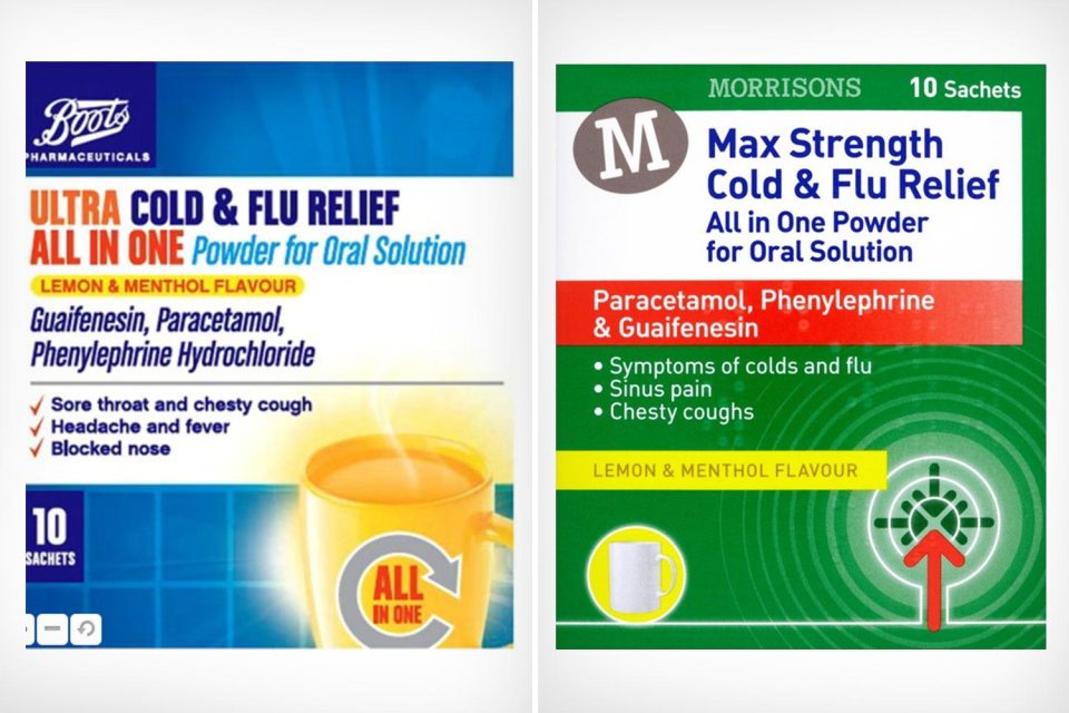  Identical flu relief medicine from Boots (left) and Morrisons