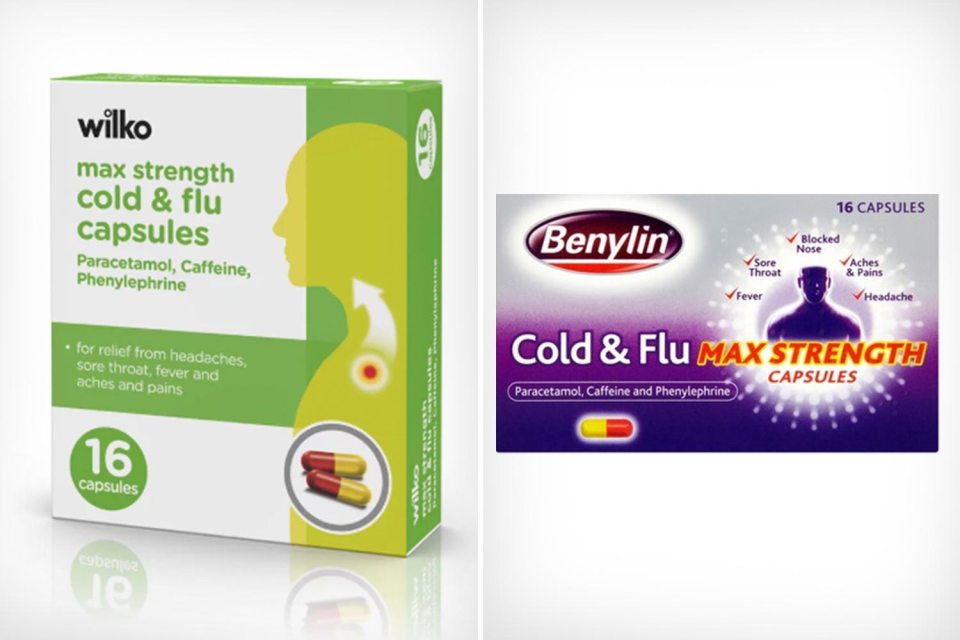  Identical cold and flu capsules pastilles from Wilko (left) and Benylin