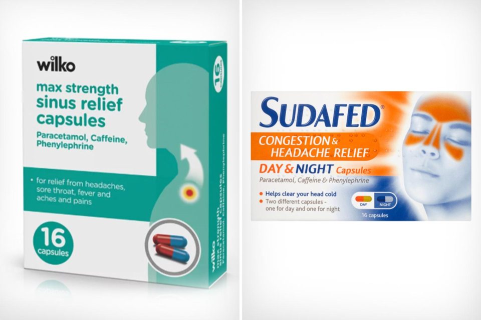  Identical max strength sinus relief medicine from Wilko (left) and Sudafed