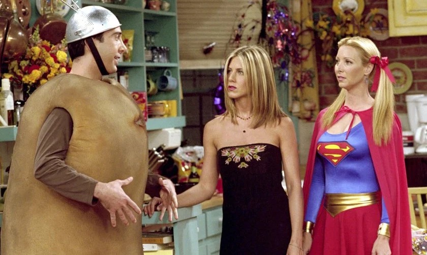 Five months layer, Rachel still didn't have a baby bump at their Halloween party