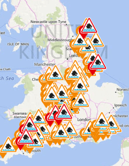  The Environment Agency has issued 70 flood alerts and six serious flood warnings across England