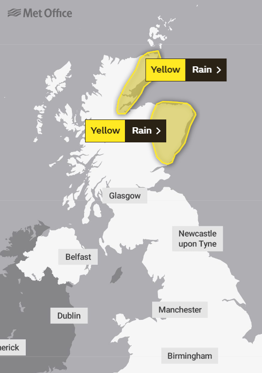  Heavy rain has sparked Met Office weather warnings for northeast Scotland until midday on Sunday