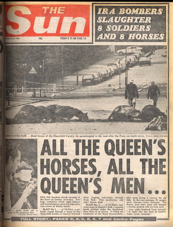  The Sun front page on July 21,1982, with the headline 'ALL THE QUEEN'S HORSES, ALL THE QUEEN'S MEN...'