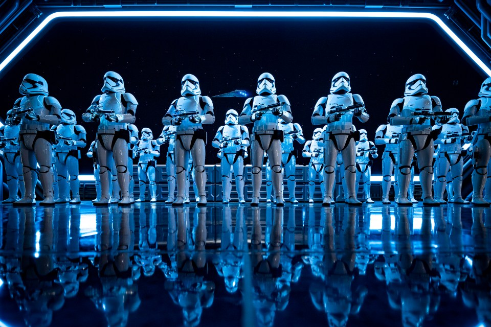  Fifty menacing First Order Stormtroopers await guests as they arrive in the hangar bay of a Star Destroyer