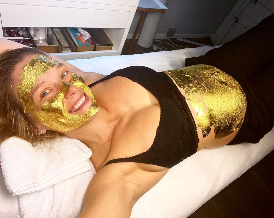  Last week, the star uploaded a dazzling picture of herself lying on a massage table while her face and stomach shimmered in golden face paste