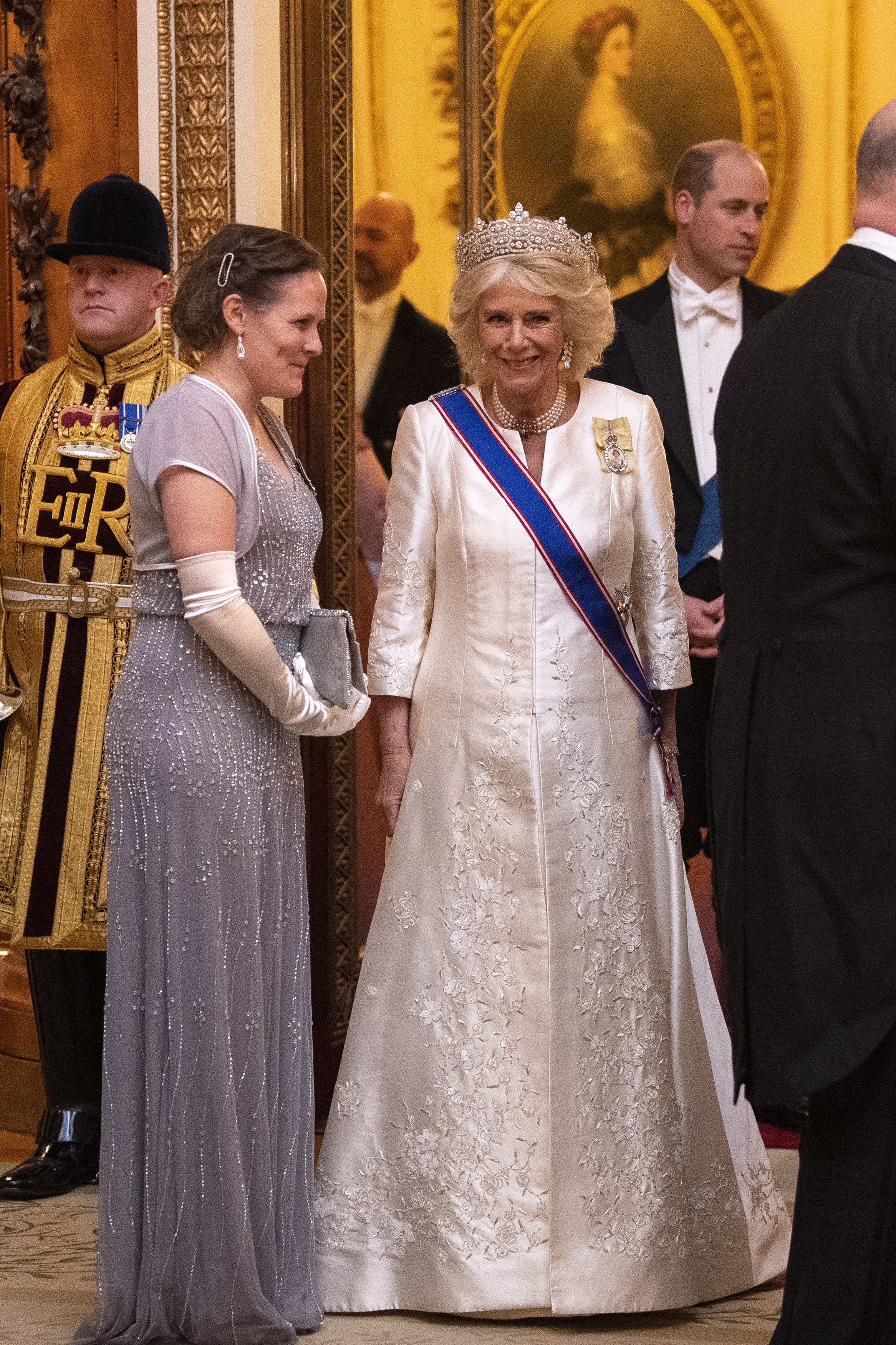 Camilla dazzled in a floor-length white gown and wore the Dame Grand Cross of the Royal Victorian Order 