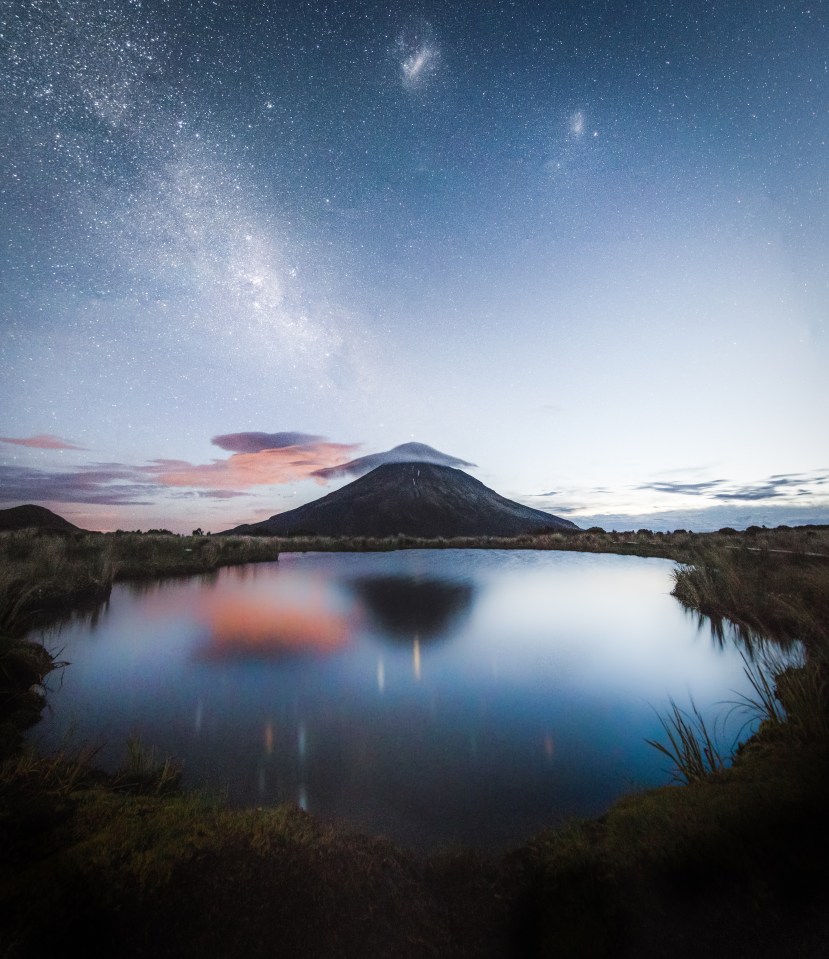  James Orr captures the Milky Way and the two Magellanic Clouds radiuate above Mount Taranki, a 2500m active stratovolcano on New Zealand's North Island