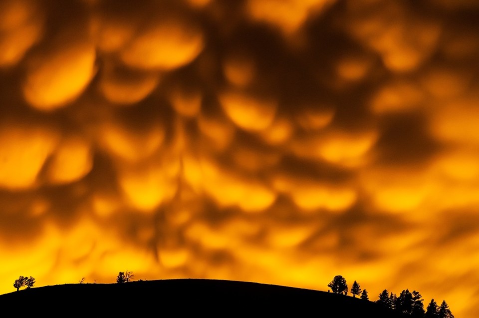  This photograph was taken after a summer sunset when these clouds - cumulonimbus mammatus - quickly formed in Jackson, Wyoming, USA