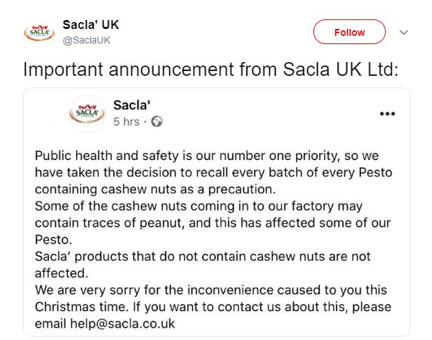  Sacla UK announced the recall on Twitter