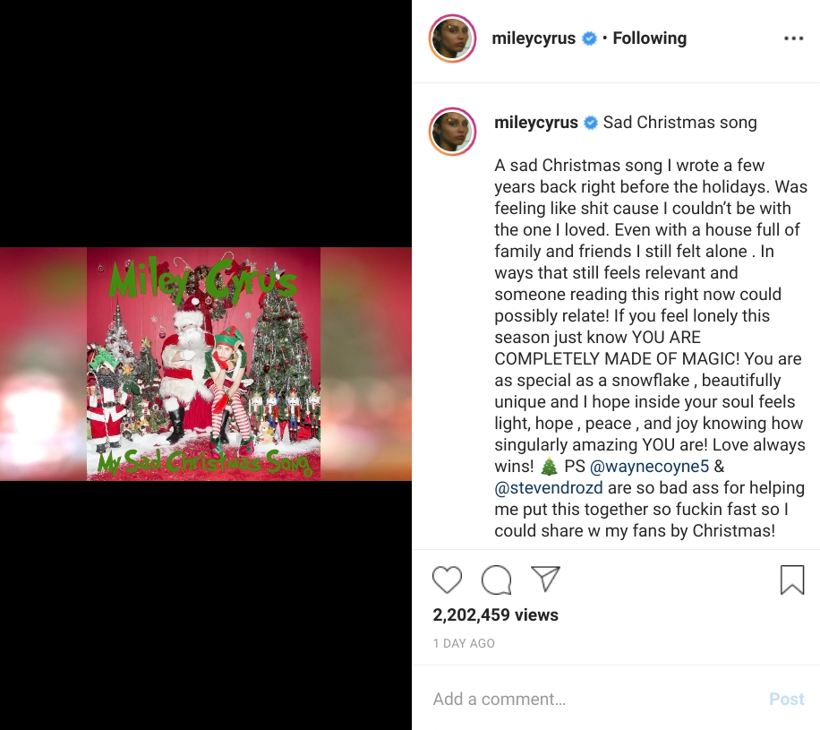  Miley posted about her sad Christmas song on both Instagram and Twitter