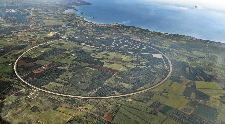 An aerial view of Nardò Technical Centre in Apulia, Italy, where a race track tests high-performance vehicles 