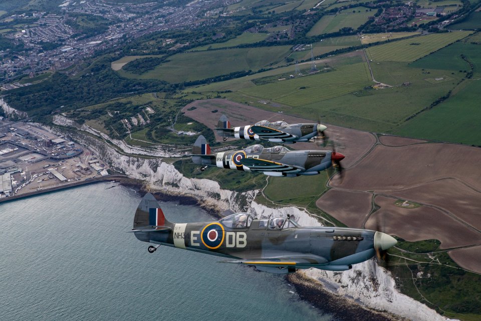 Aero Legends pilots practice formation flying in three spitfires over the White Cliffs of Dover in preparation of the 75th D-Day anniversary 