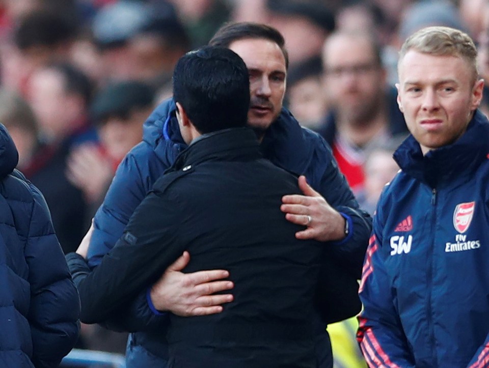  Frank Lampard and Mikel Arteta embraced before kick-off