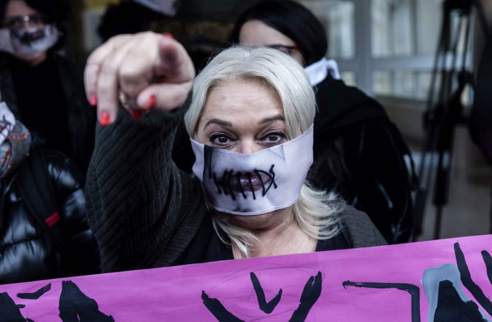  Women's rights activists wore the masks to symbolise 'the truth has been squashed'