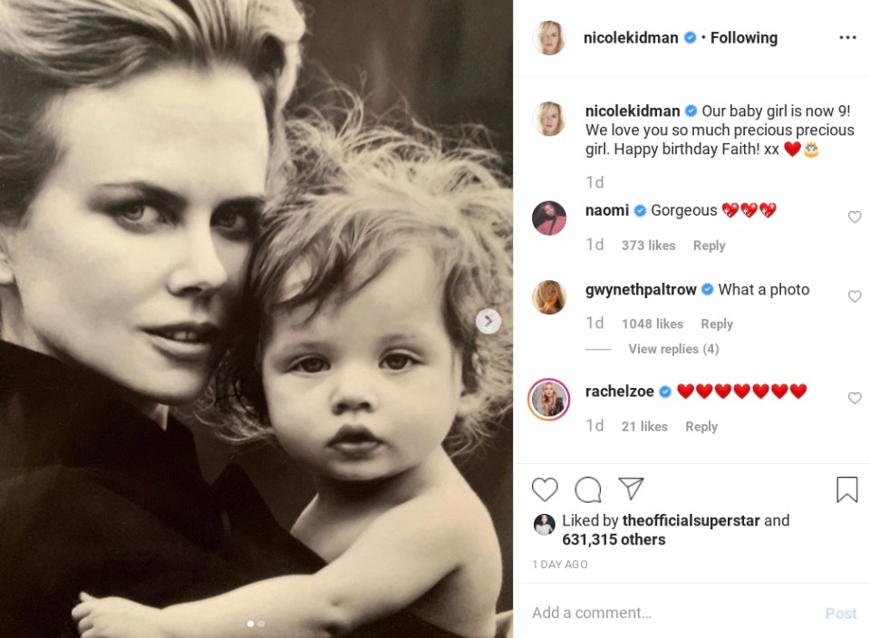  Nicole Kidman shared a picture for her 9-year-old daughter Faith Margaret's birthday on Instagram