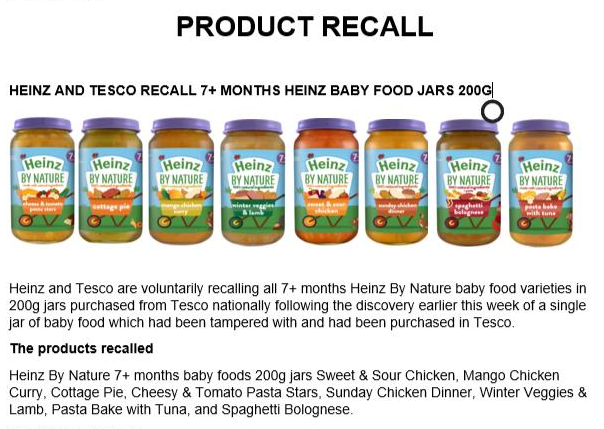  Tesco has recalled jars of Heinz baby food because they had been tampered with