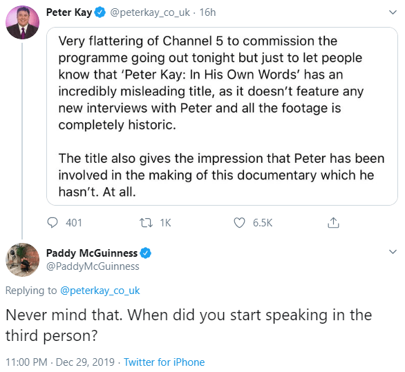  Paddy's tweet mocking his old pal Peter has now vanished