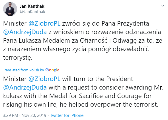  A spokesperson for the Polish government said Lukasz could get honoured with a medal for his bravery