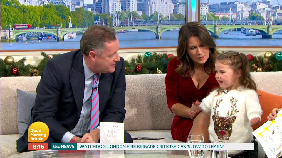  Good Morning Britain fans were 'in floods of tears' as Piers Morgan and Susanna Reid gave meningitis survivor Harmonie-Rose Christmas presents