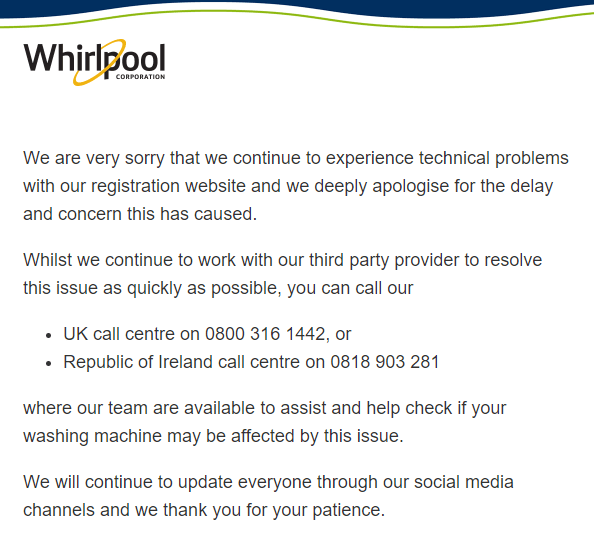  Whirlpool's dedicated recall website is was down earlier today, leaving customers unable to check their machines