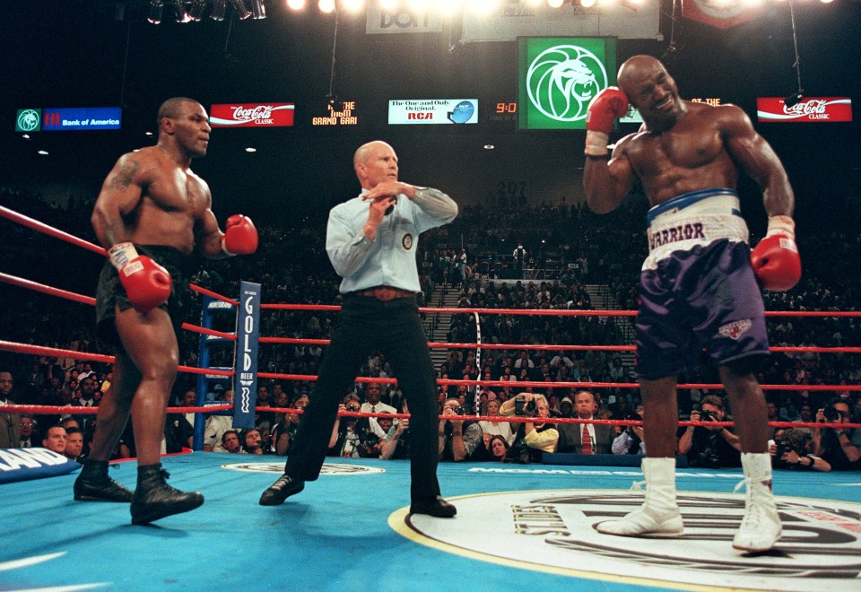 Holyfield holds his ear after Tyson's bite