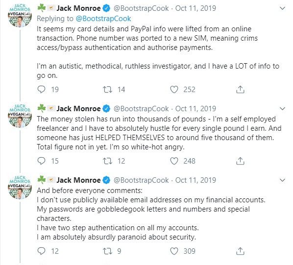  Food blogger Jack Monroe was a victim of SIM-jacking in late 2019 and had thousands of pounds stolen