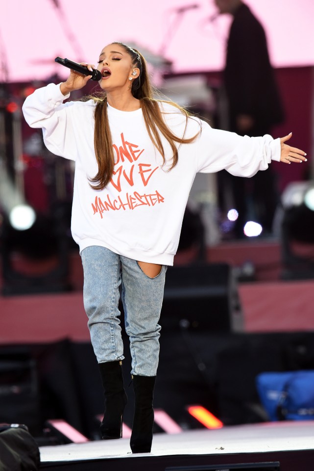 Ariana Grande performing at a 2017 Manchester benefit performance