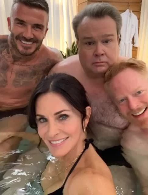 Posts from filming show him sharing a hot tub with Courteney and Modern Family’s Mitchell and Cam