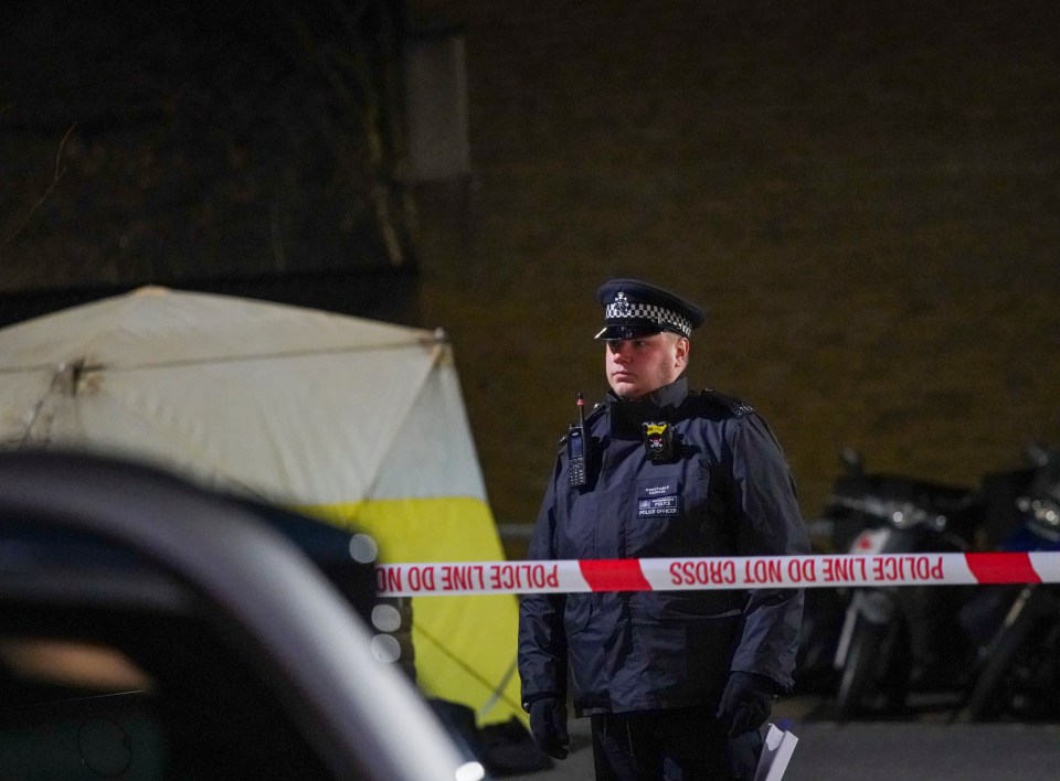  A police officer stands inside the cordon after a man in his 30s was stabbed to death