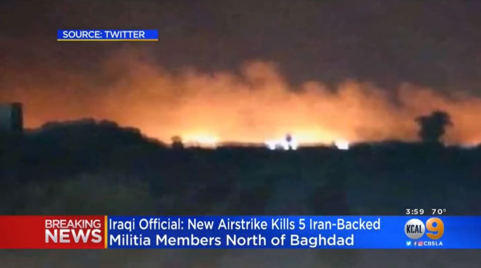  TV footage showed the scene of a second reported airstrike near Baghdad