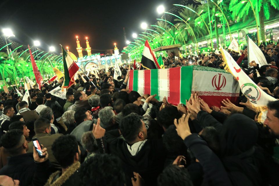  Weeping Iraqis carry coffins during funeral procession yesterday of Iraq paramilitary chief Abu Mahdi al-Muhandis and Iranian commander Qasem Soleimani