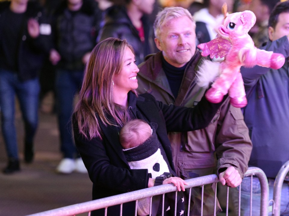 Myleene shows off a unicorn toy at Winter Wonderland