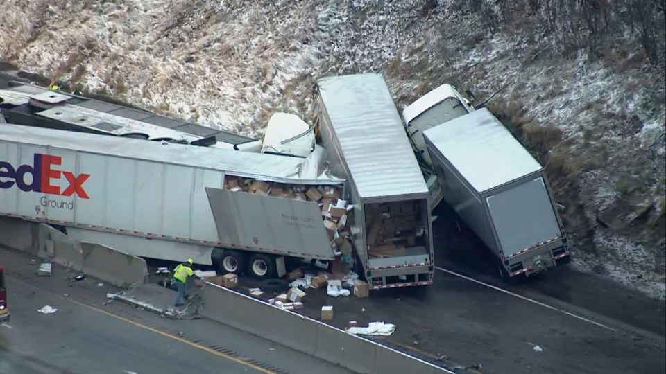  Investigators said a bus lost control on the highway, setting off a chain reaction with multiple tractor-trailers and a passenger car