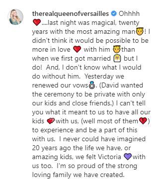  She revealed on Instagram that she and David had renewed their vows