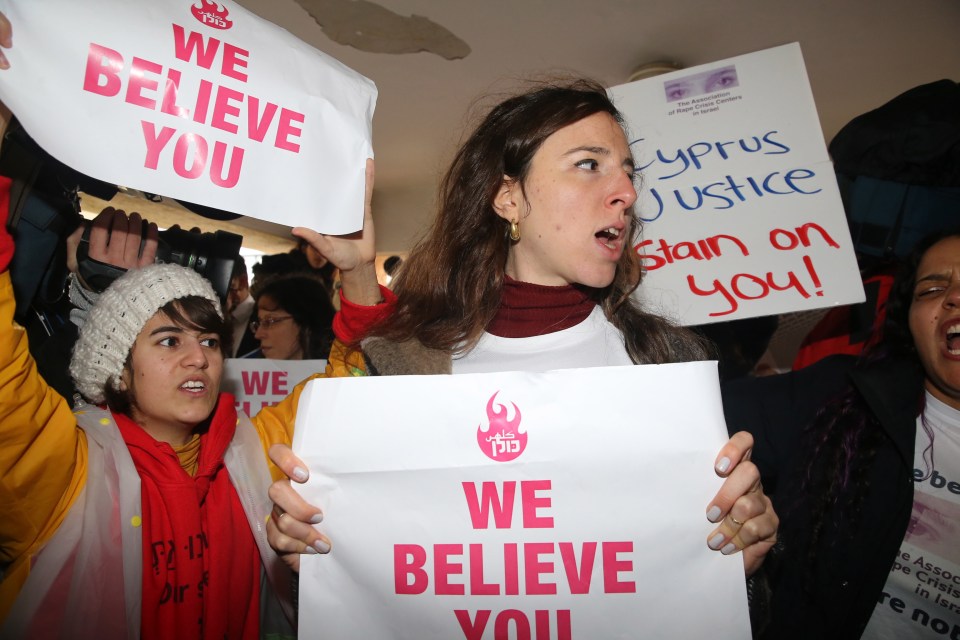 Women’s rights activists stood outside the court in support of the British teenager