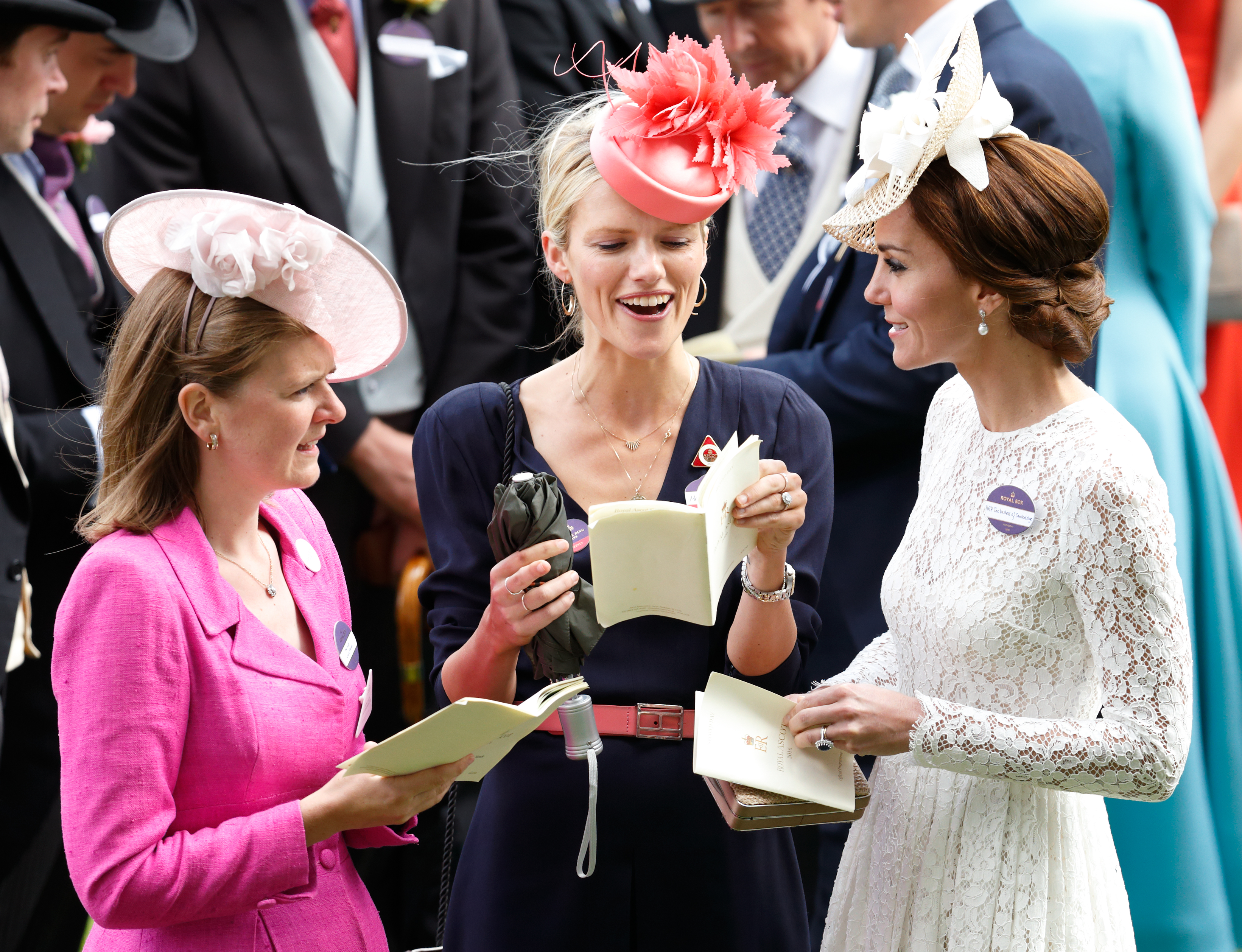 Zoe Warren, centre, was pictured laughing with Kate at Royal Ascot, with Lady Laura, left